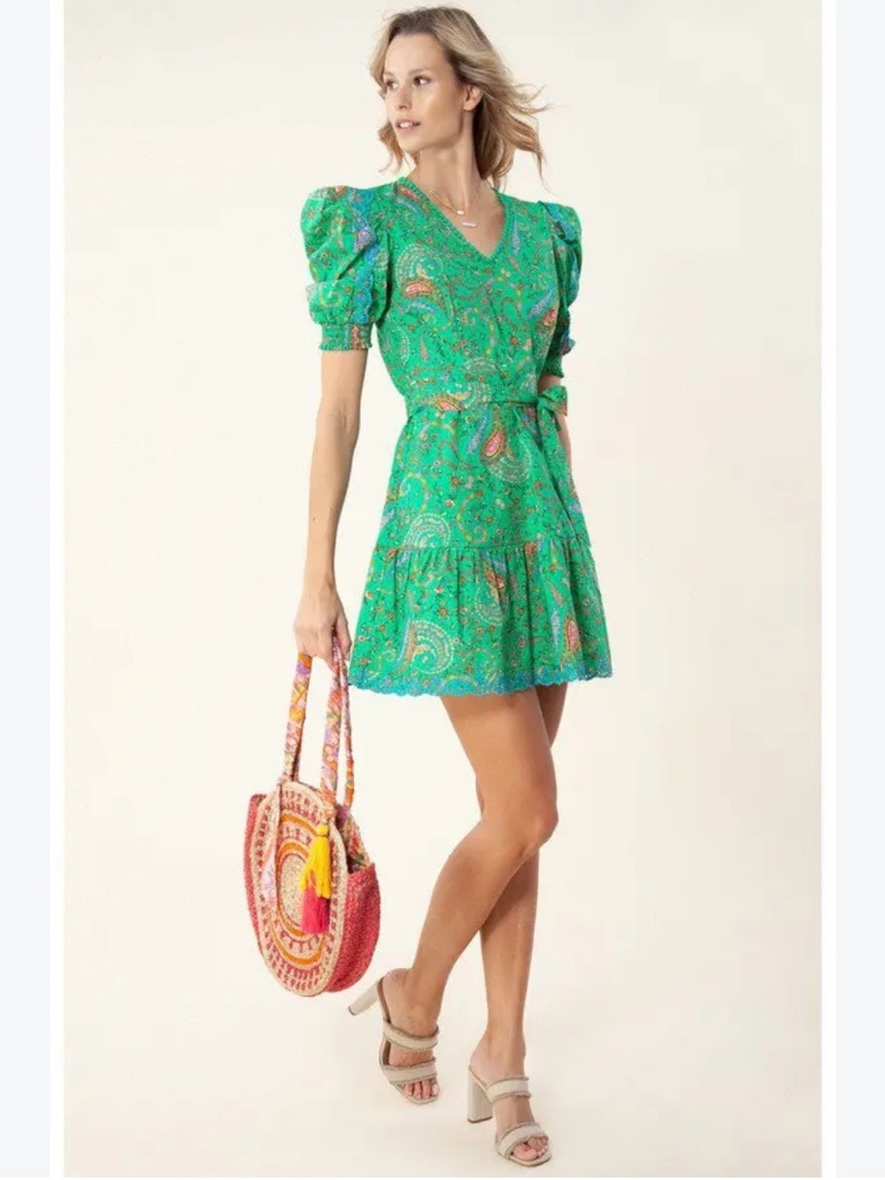 Hale Bob Elaina Poplin Green Paisley V-Neck Puff-Sleeve Mini Dress-NWOT